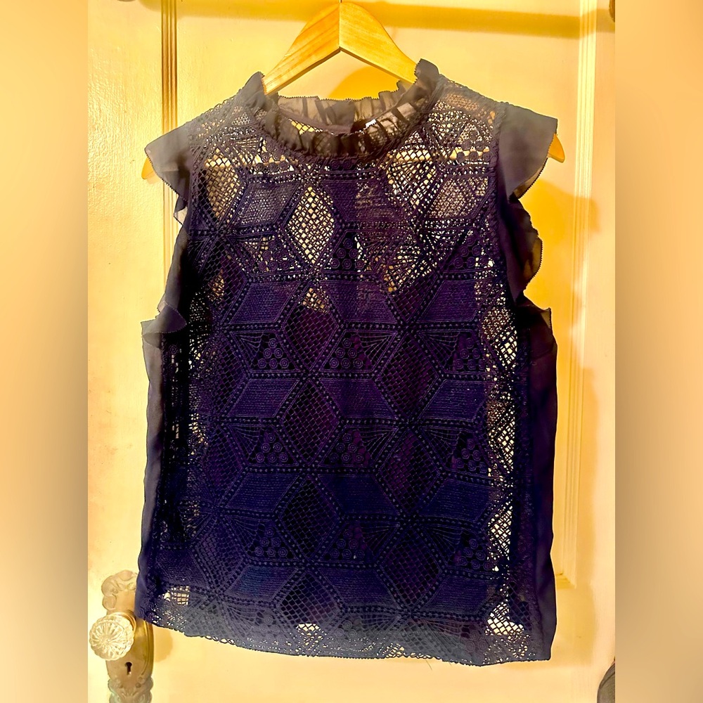 SUNCOO Paris Crocheted Lace Blouse, Navy Blue, Gold Buttons & Silk Camisole T2.